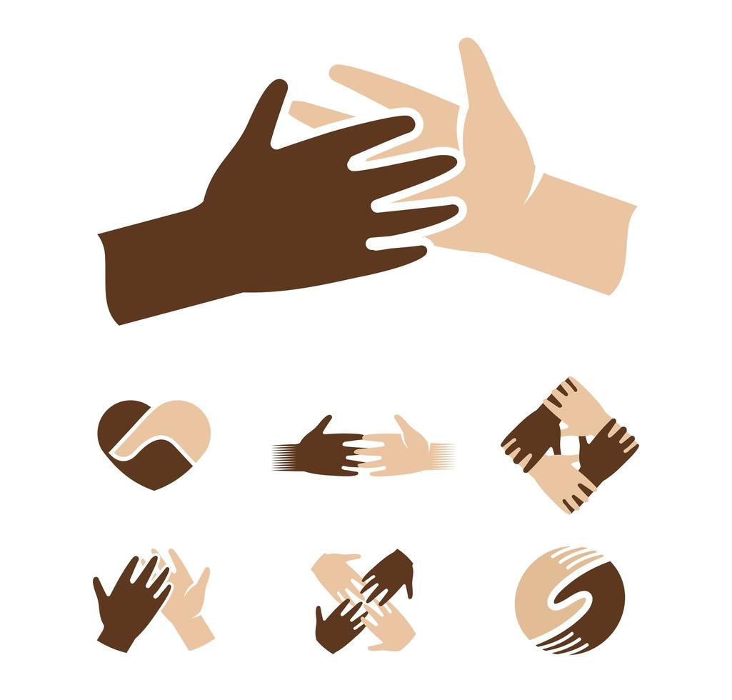 isolierte abstrakte dunkle und helle Haut menschlicher Hände zusammen Logo. Schwarz-Weiß-Menschen Freundschaft Logo. fünf Gesten geben. interracial hilfezeichen. Gleichberechtigungssymbol. Vektor-Illustration. vektor