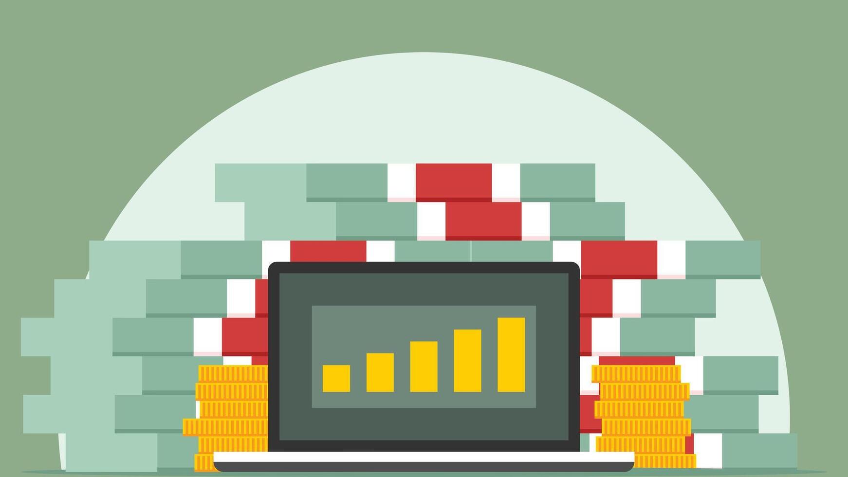 finanziell Analyse Konzept auf ein Laptop Bildschirm mit Gold Münzen und Geld Packungen auf Hintergrund Illustration vektor