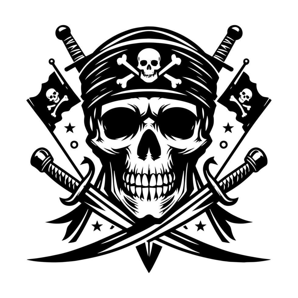 svart och vit illustration av pirat symbol med svärd och hatt vektor