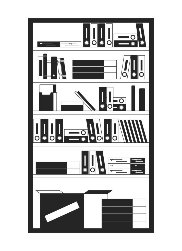 Bücherregal gefüllt mit Ordner und Kisten 2d linear Karikatur Objekt. Büro Regale Vereinen mit liefert isoliert Linie Element Weiß Hintergrund. Innere Design monochromatisch eben Stelle Illustration vektor