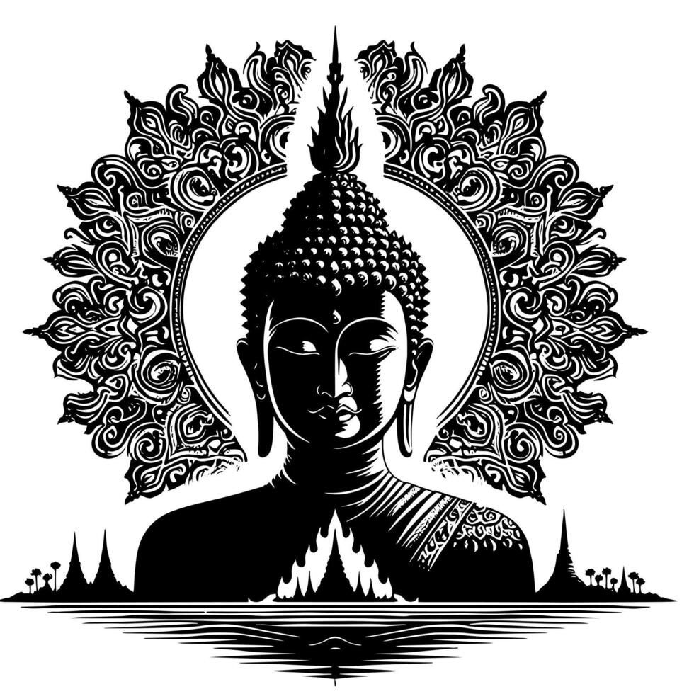 svart och vit illustration av en buddha staty symbol vektor