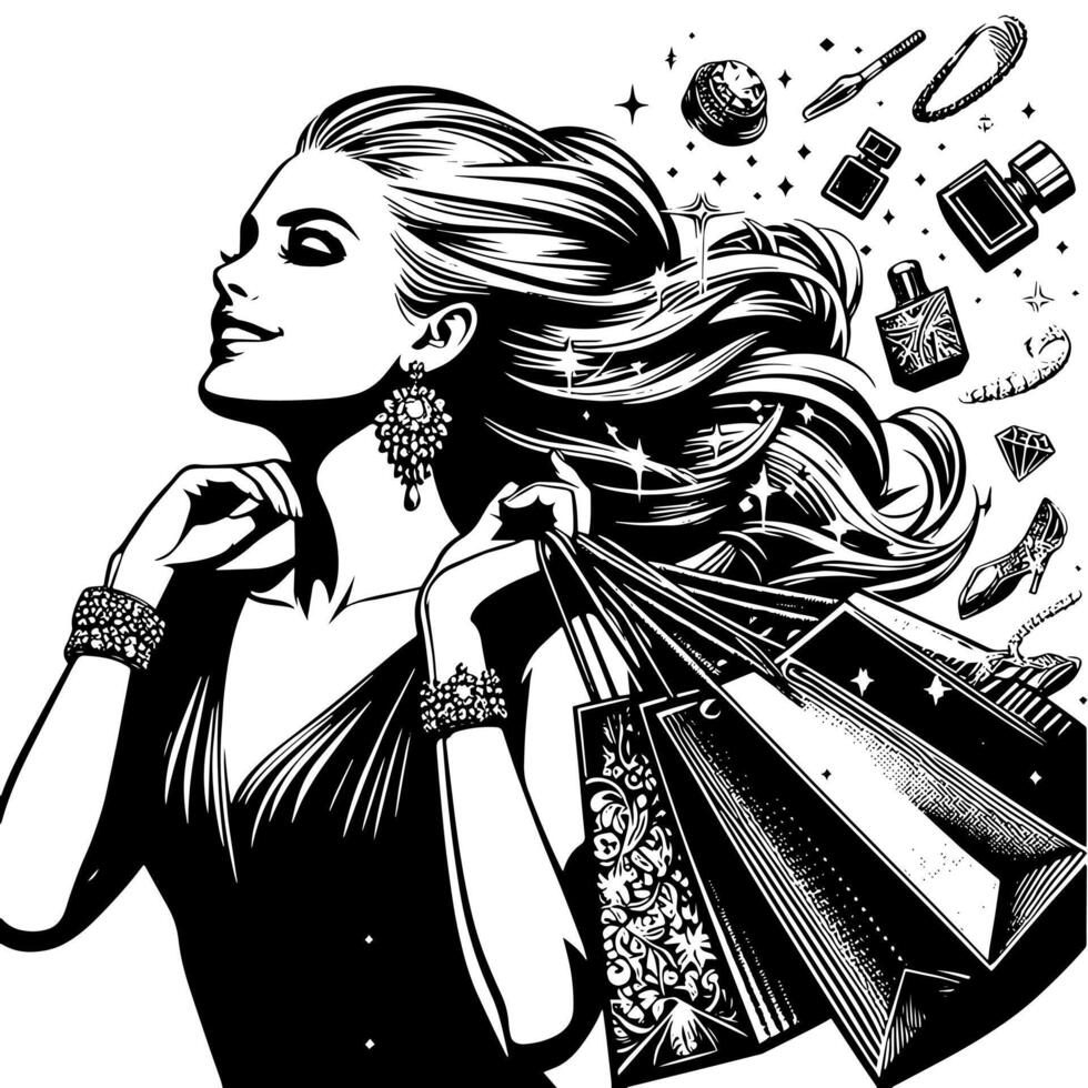 schwarz und Weiß Illustration von ein Glücklich luxuriös Einkaufen Dame mit Taschen und Diamanten und Parfum vektor