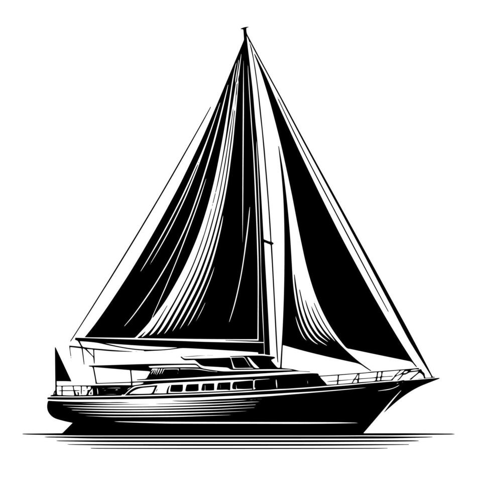svart och vit illustration av en segling båt vektor