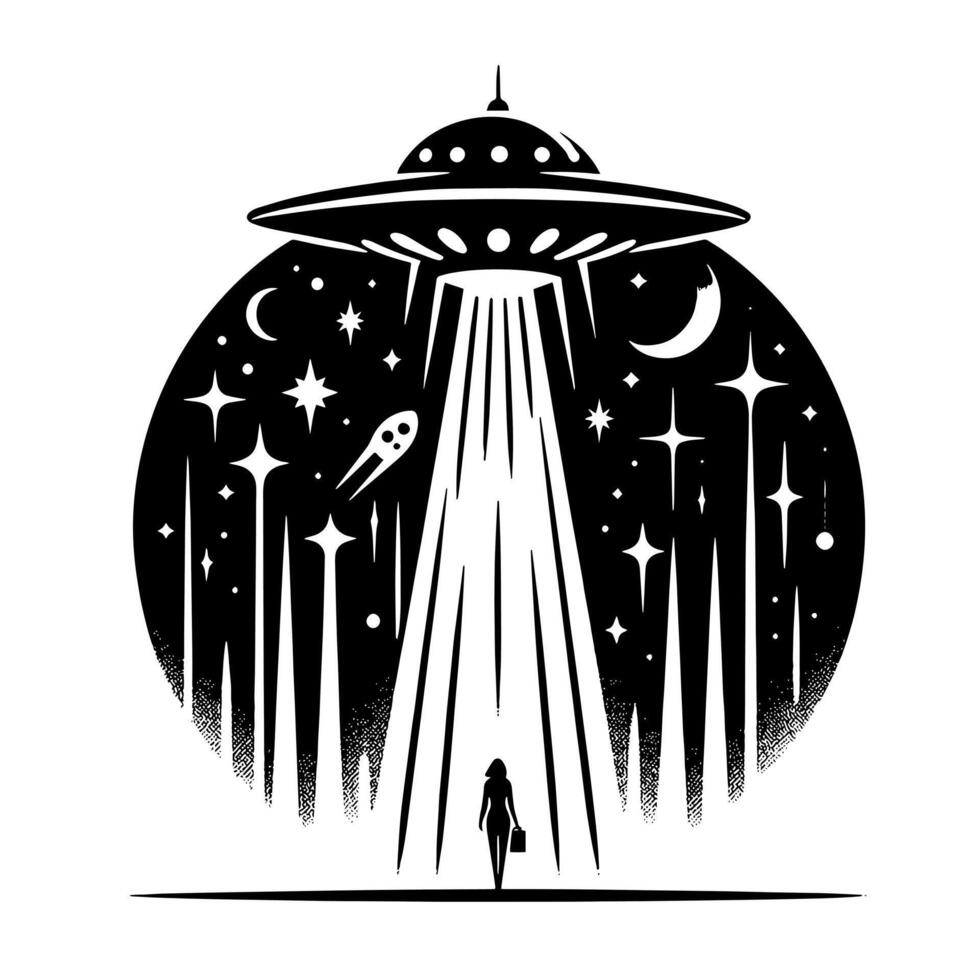 svart och vit illustration av ett UFO flygande fat vektor