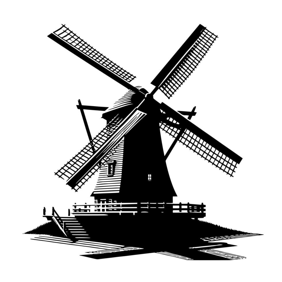 schwarz und Weiß Illustration von ein traditionell alt Windmühle im Holland vektor