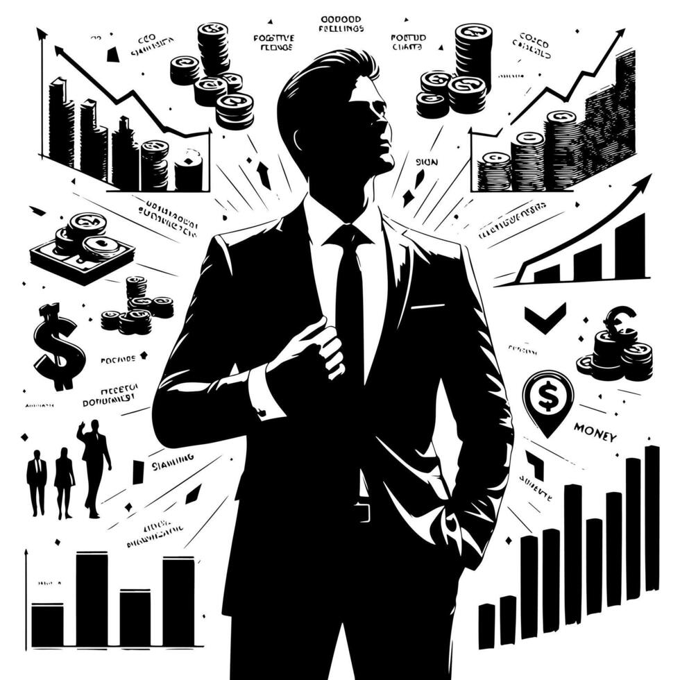 svart och vit illustration av en framgångsrik företag man med pengar bilar och luxus vektor