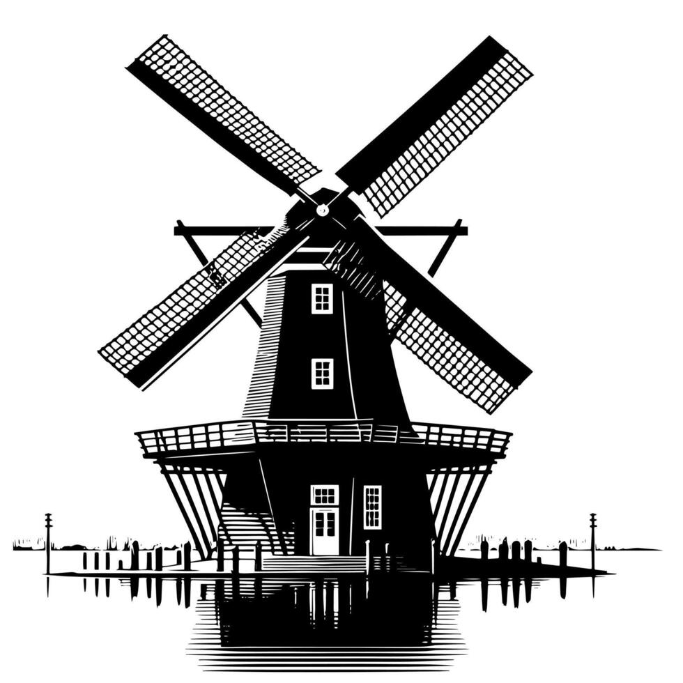 schwarz und Weiß Illustration von ein traditionell alt Windmühle im Holland vektor