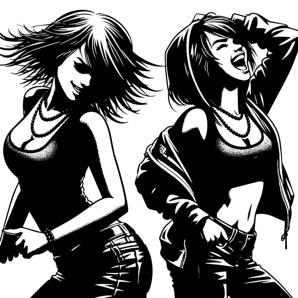 schwarz und Weiß Illustration von ein Punk Frau ist Tanzen und zittern im ein erfolgreich Pose vektor