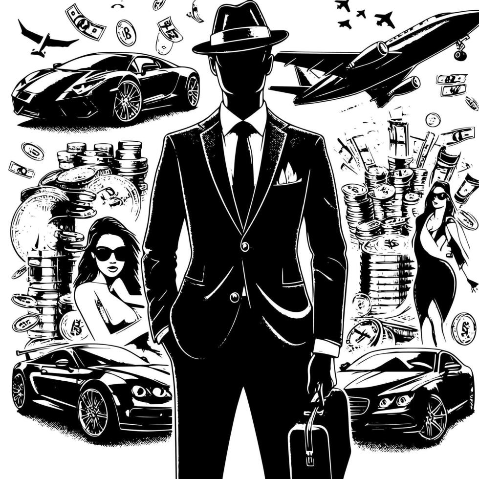svart och vit illustration av en framgångsrik företag man med pengar bilar flickor och luxus vektor