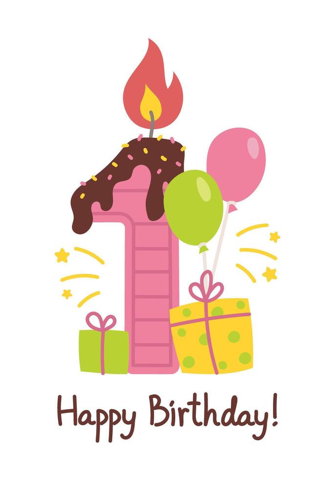 glücklich Geburtstag. Kerze Nummer, Geschenke, Luftballons. eins. Illustration isoliert auf Weiß vektor