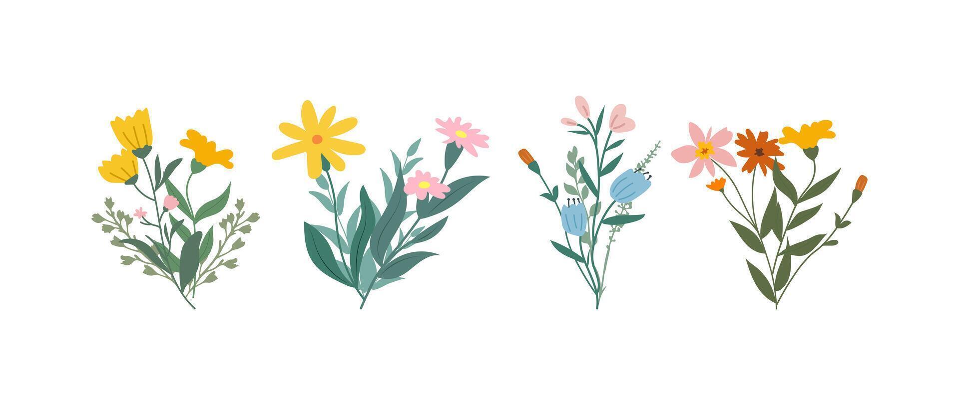 ein Sammlung von bunt Frühling Blumen im Sanft Farben, botanisch Spezies im eben Design Stil, Natur Blumen- blühen dekorativ Elemente Illustration vektor