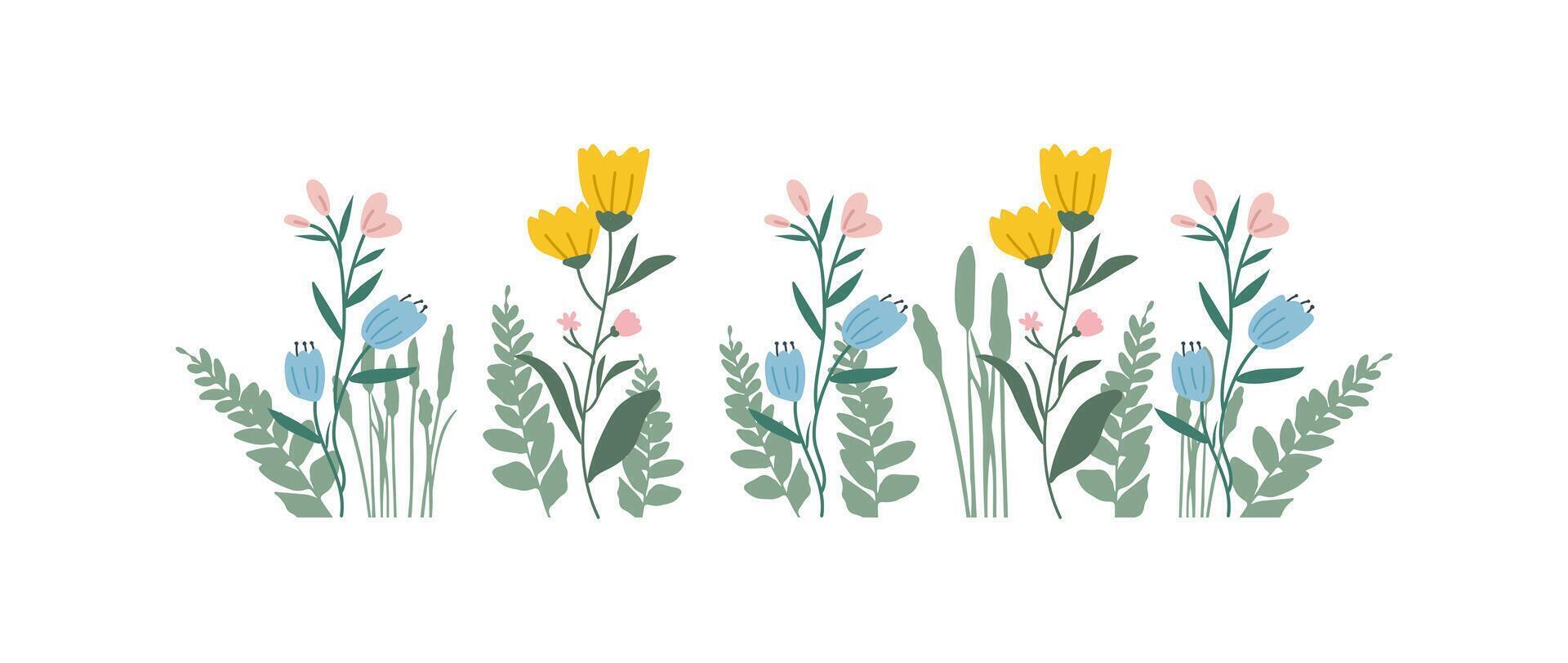 färgrik årgång vår blommor gräns, natur blommig mönster ram isolerat på vit bakgrund, botanisk platt design illustration vektor