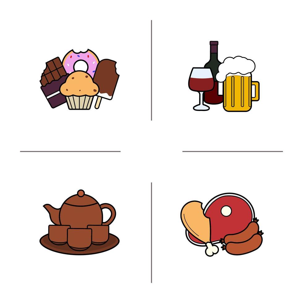 livsmedel kategorier färg ikoner set. konfektyr, alkoholdrycker, teservis, köttprodukter. isolerade vektorillustrationer vektor