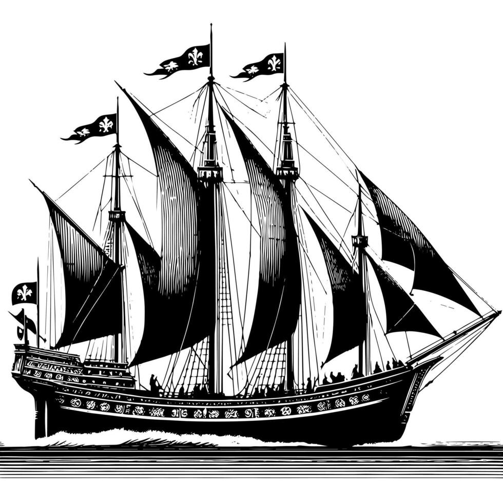 schwarz und Weiß Illustration von ein traditionell alt Segeln Schiff vektor