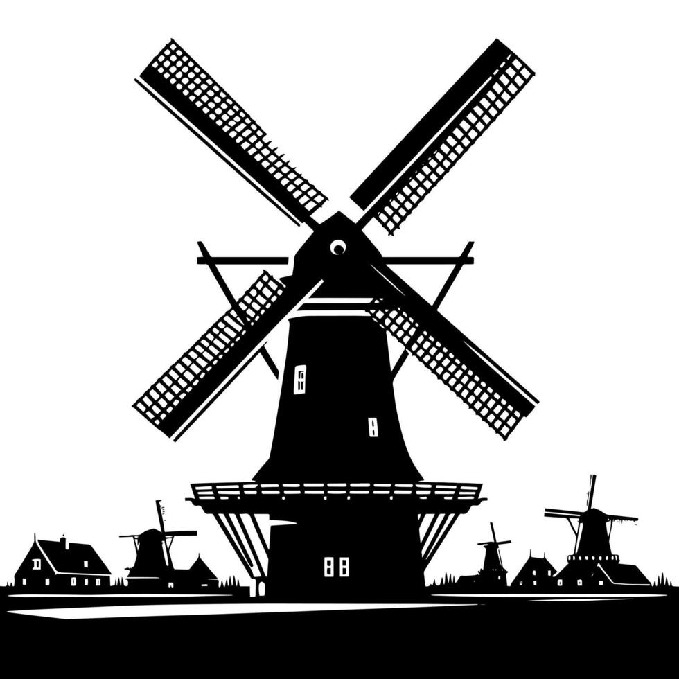 schwarz und Weiß Illustration von ein traditionell alt Windmühle im Holland vektor