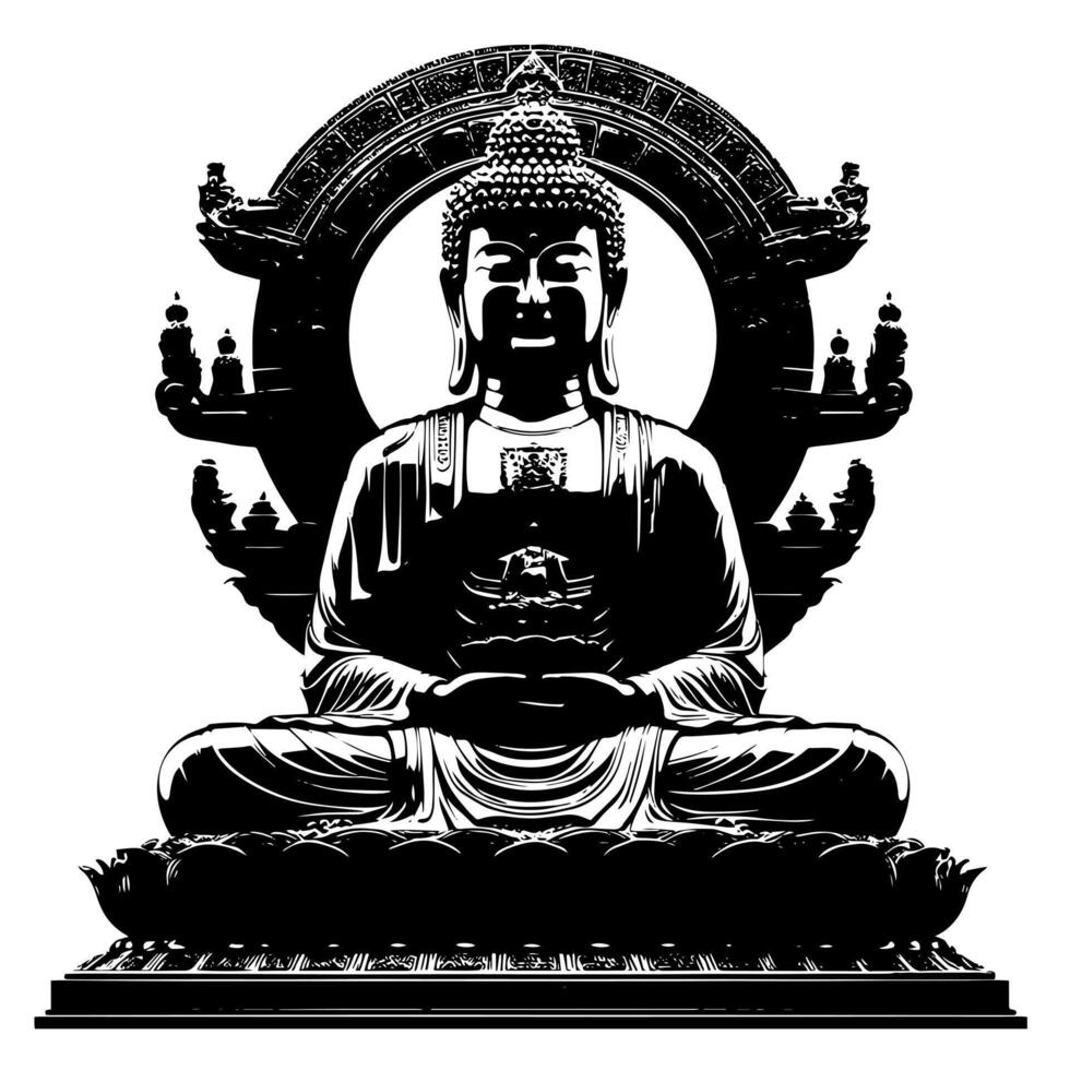 svart och vit illustration av en buddha staty symbol vektor