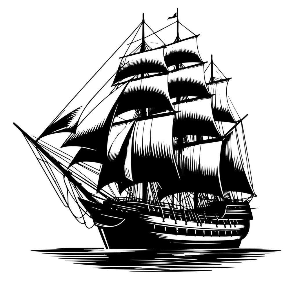 schwarz und Weiß Illustration von ein traditionell alt Segeln Schiff vektor