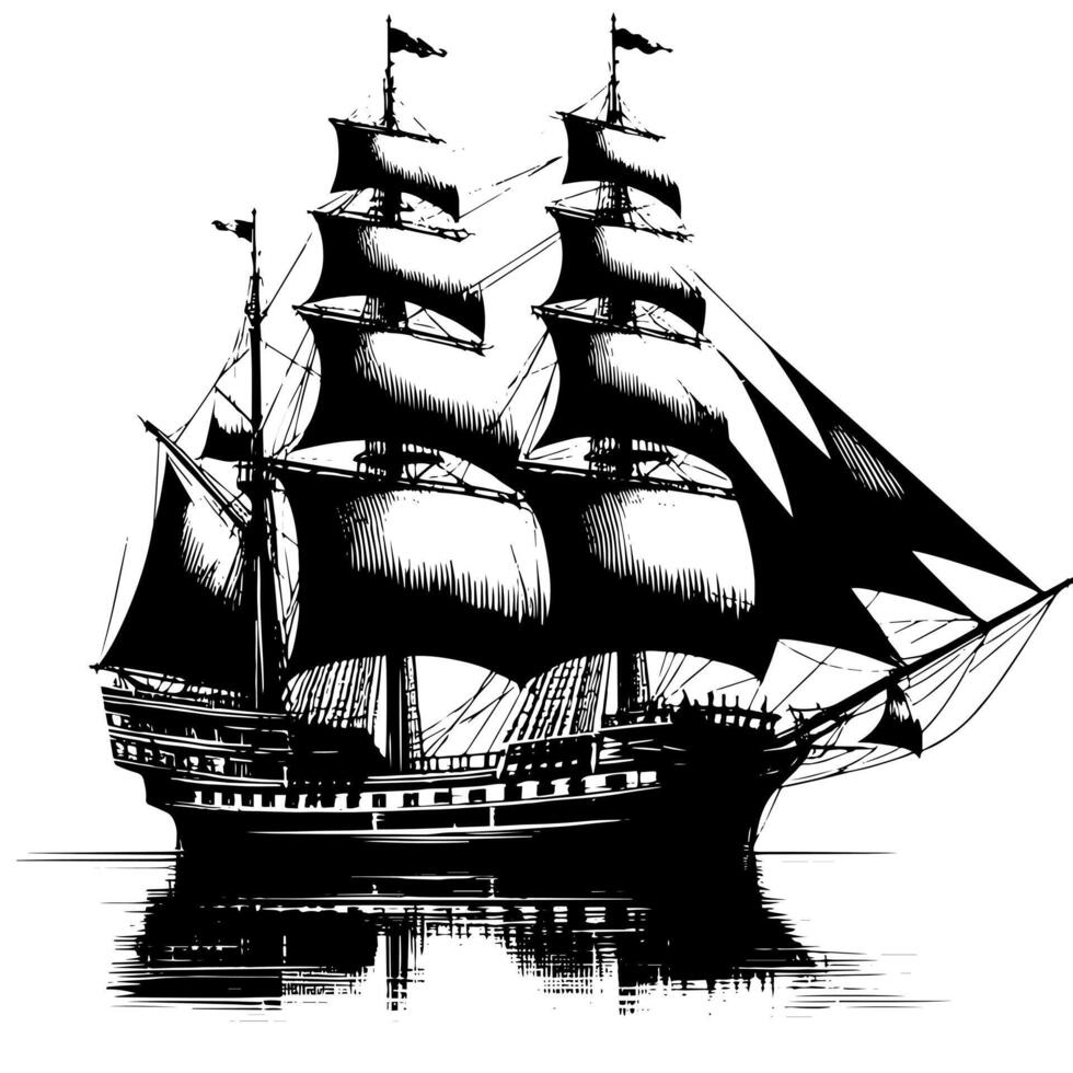 schwarz und Weiß Illustration von ein traditionell alt Segeln Schiff vektor