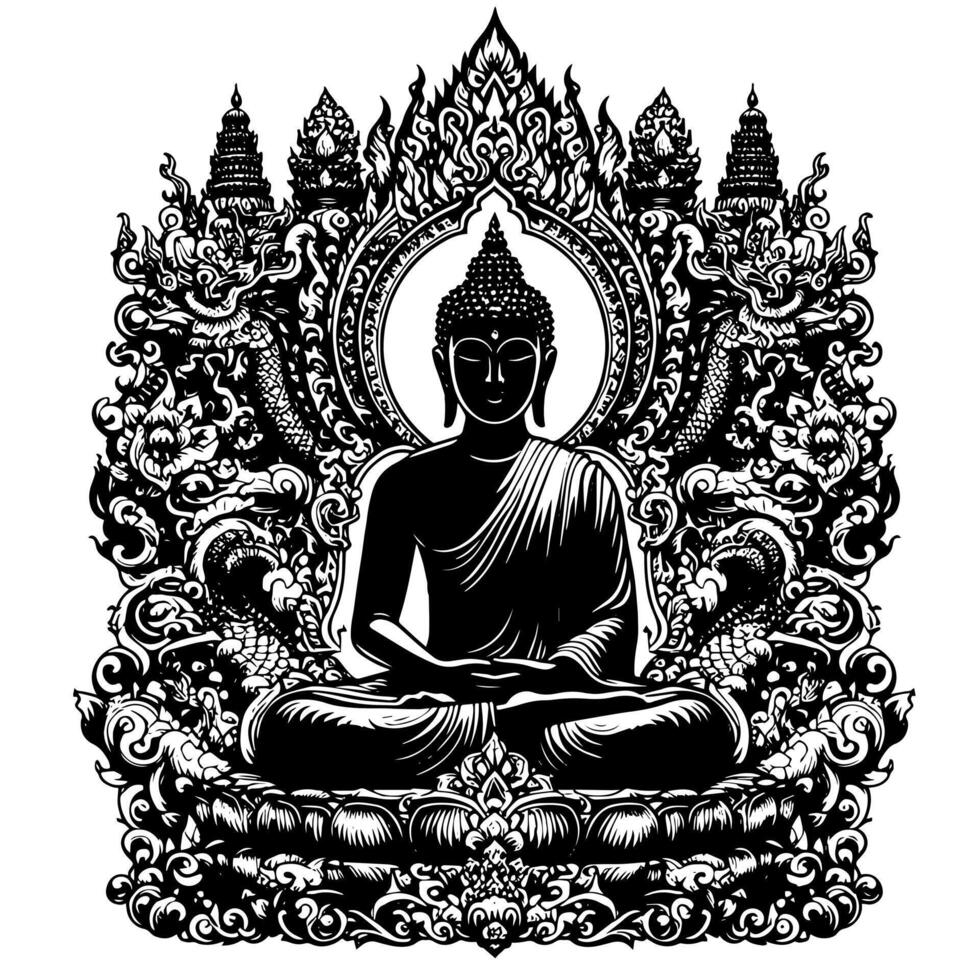 svart och vit illustration av en buddha staty symbol vektor