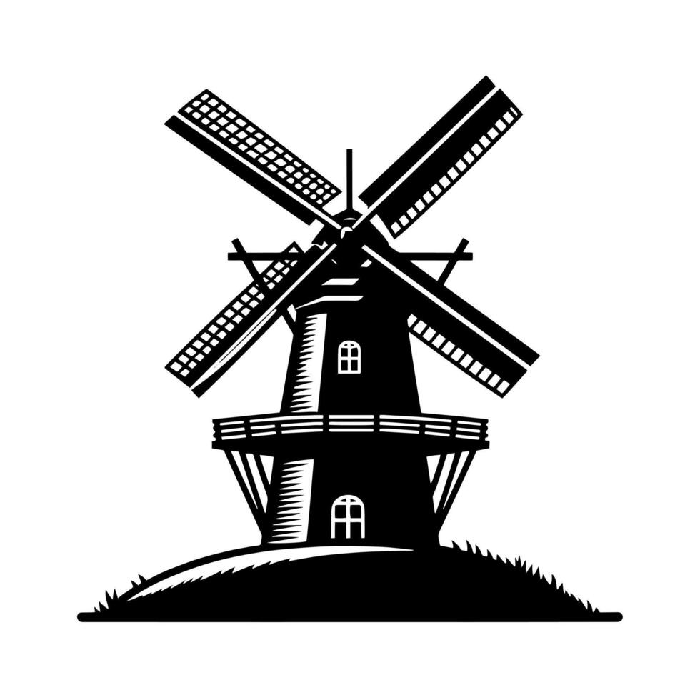 schwarz und Weiß Illustration von ein traditionell alt Windmühle im Holland vektor