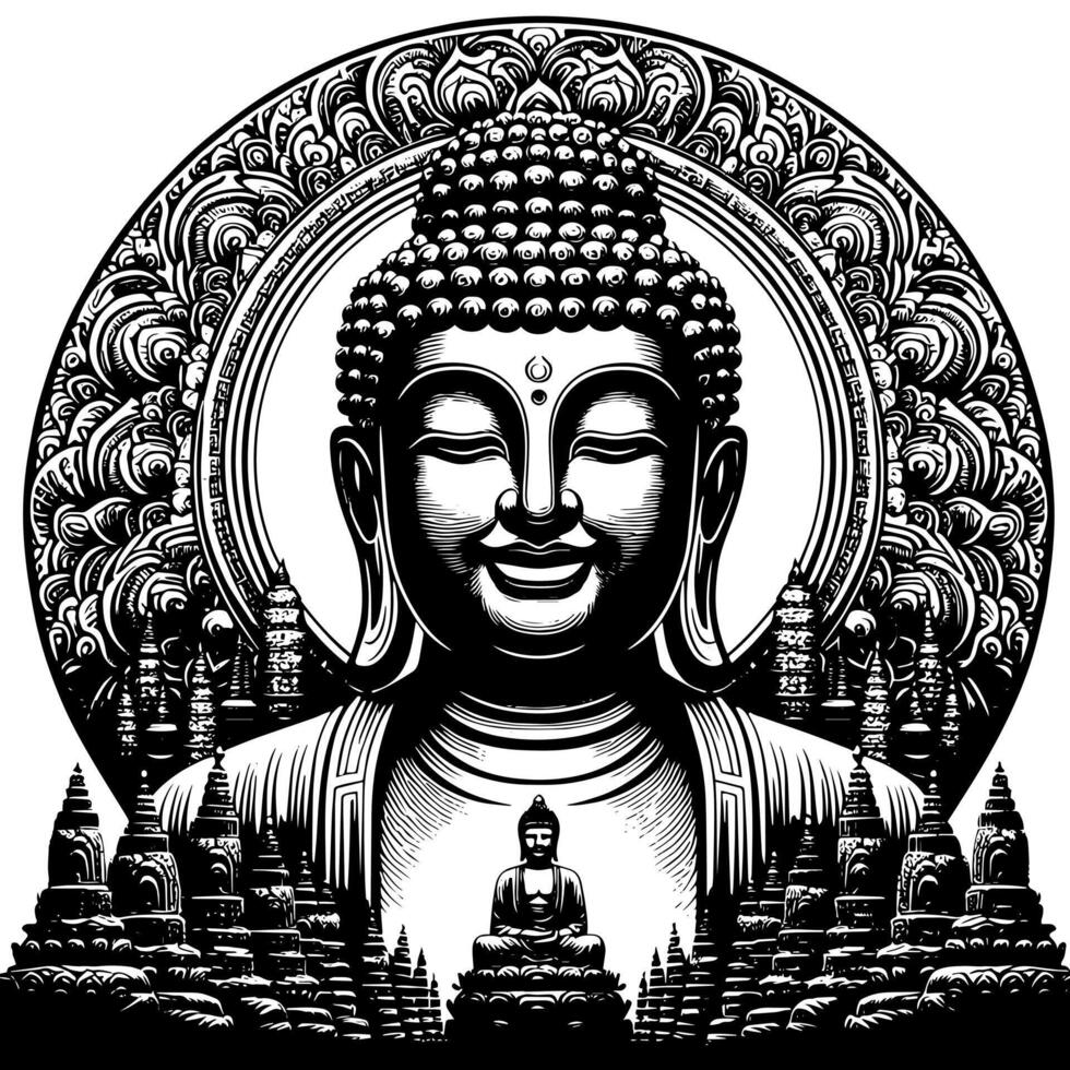 schwarz und Weiß Illustration von ein Buddha Statue Symbol vektor