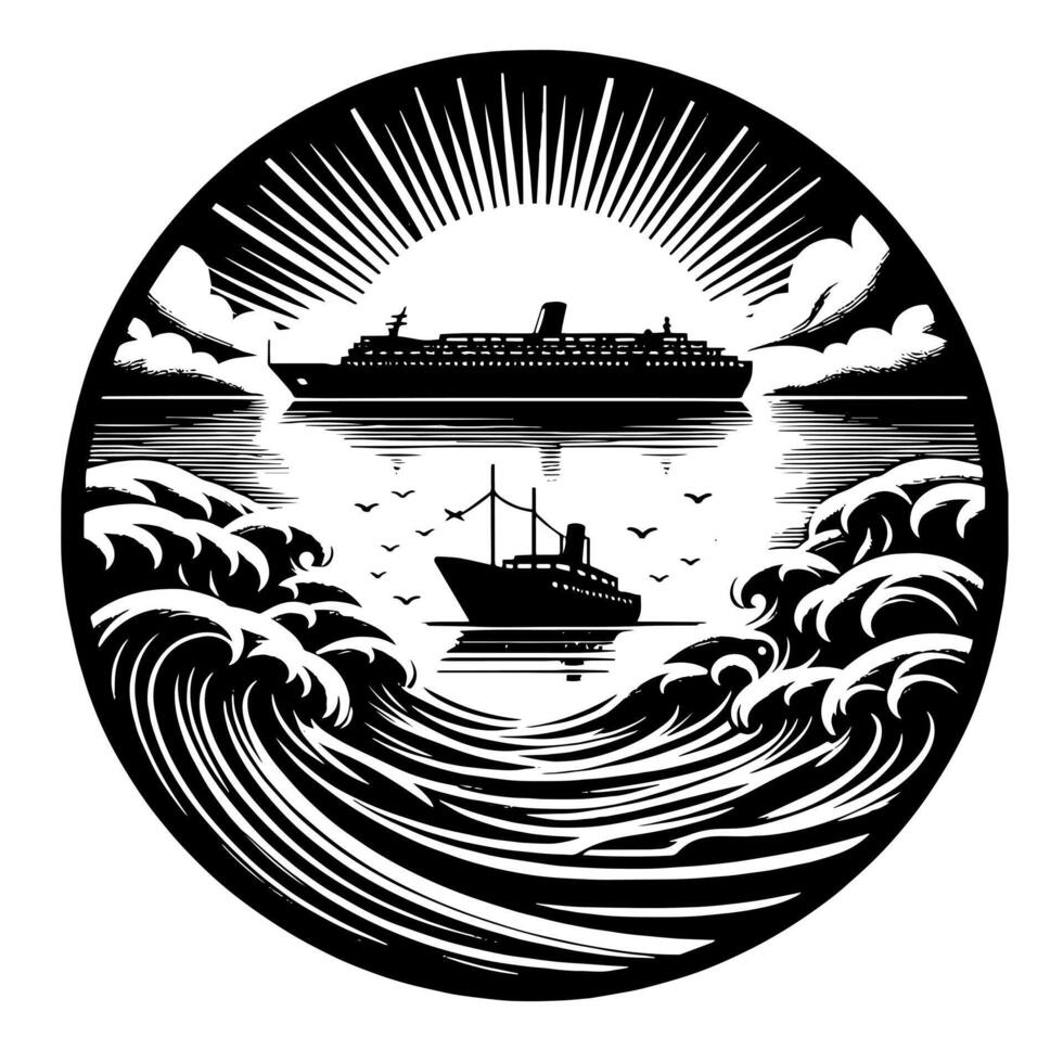 schwarz und Weiß Illustration von ein Ozean Liner beim das Meer vektor