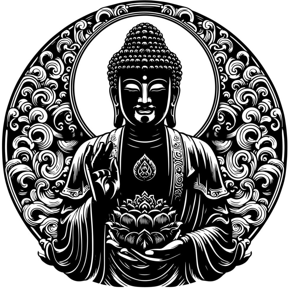 svart och vit illustration av en buddha staty symbol vektor