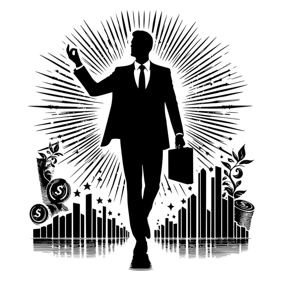 schwarz und Weiß Illustration von ein erfolgreich Geschäft Mann mit Geld Autos und Luxus vektor