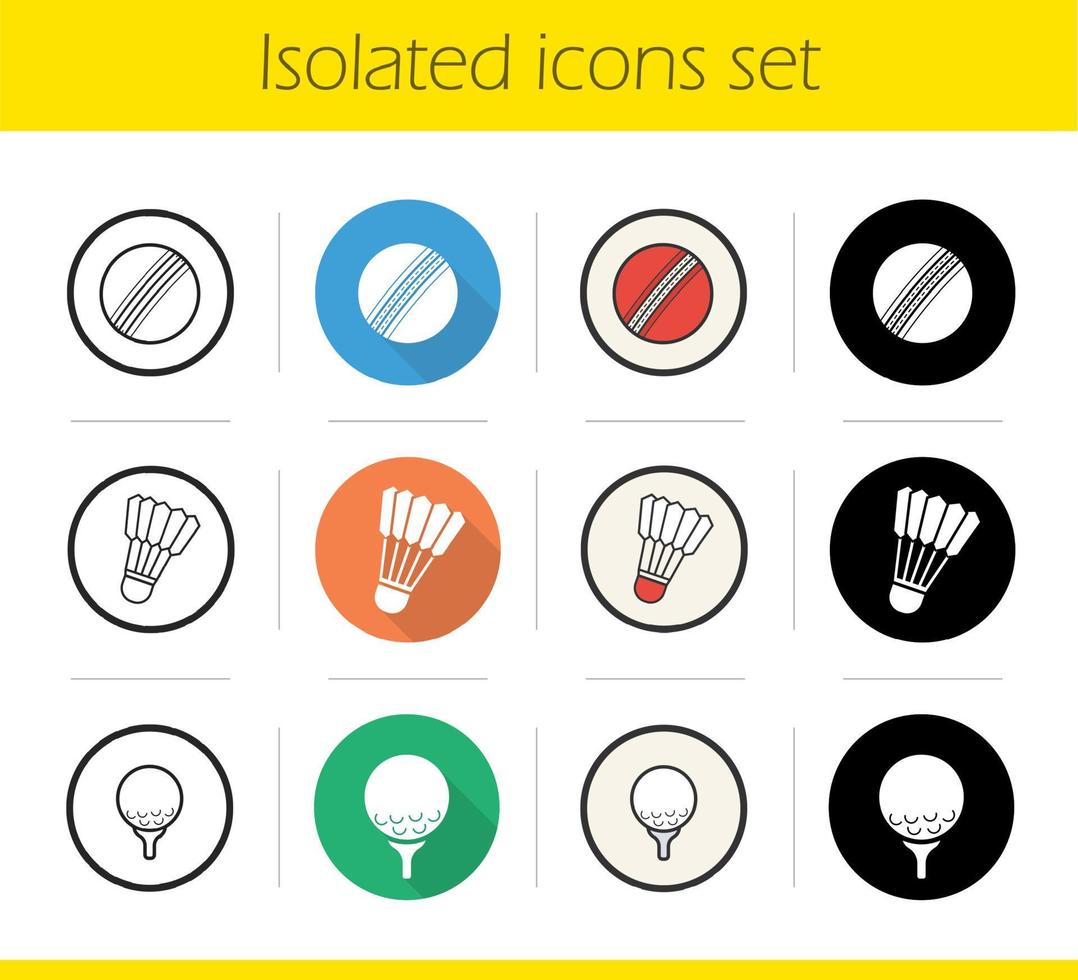 Sportbälle Icons Set. flaches Design, lineare, schwarze und farbige Stile. Cricket und Golfball auf Abschlag, Federball. isolierte vektorillustrationen vektor