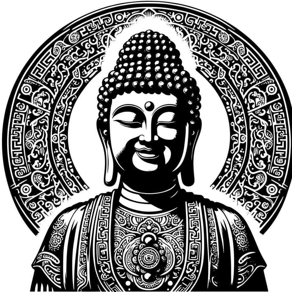 svart och vit illustration av en buddha staty symbol vektor