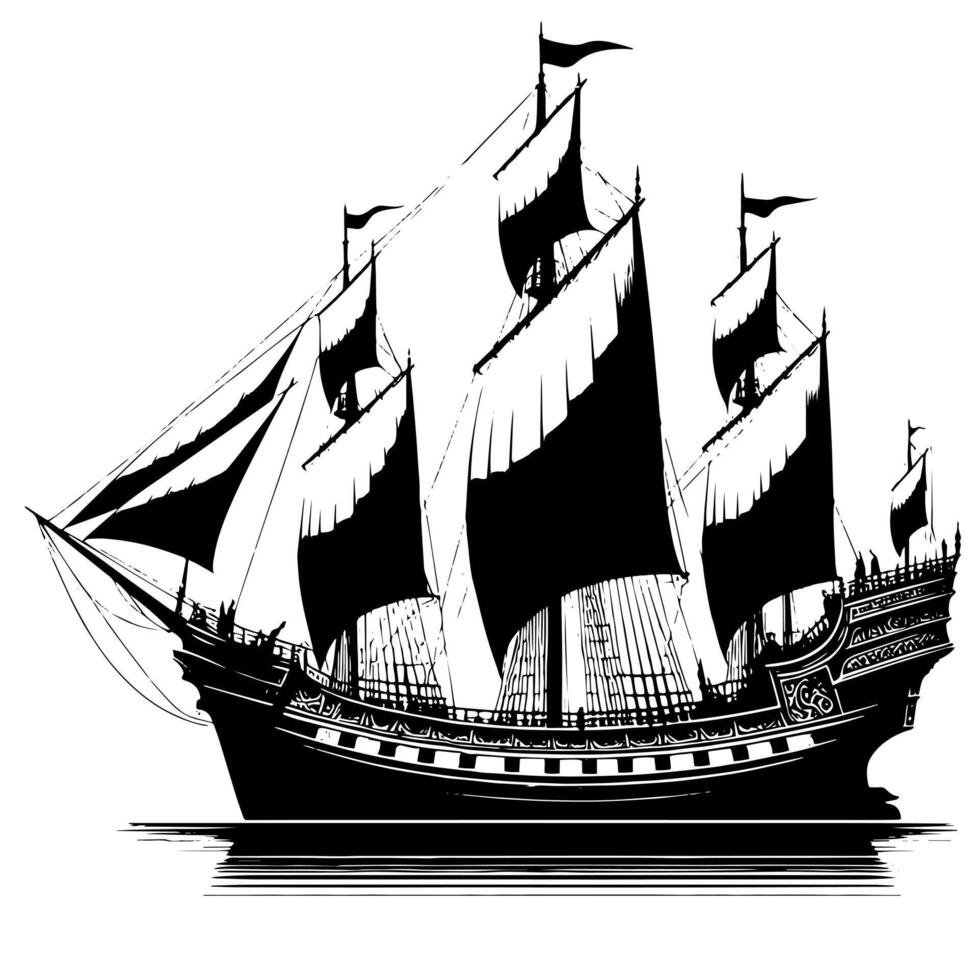 schwarz und Weiß Illustration von ein traditionell alt Segeln Schiff vektor