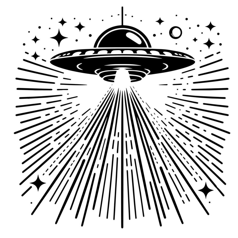 schwarz und Weiß Illustration von ein UFO fliegend Untertasse vektor