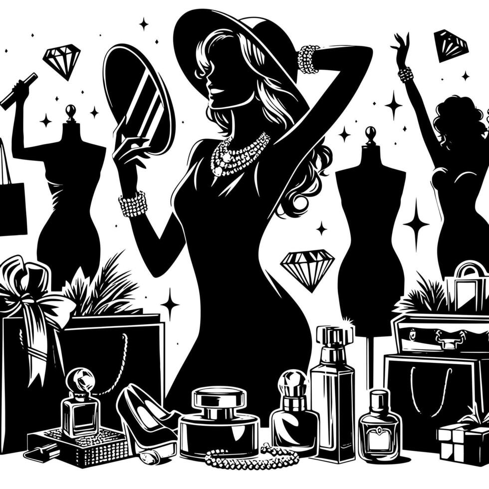 schwarz und Weiß Illustration von ein Glücklich luxuriös Einkaufen Dame mit Taschen und Diamanten und Parfum vektor