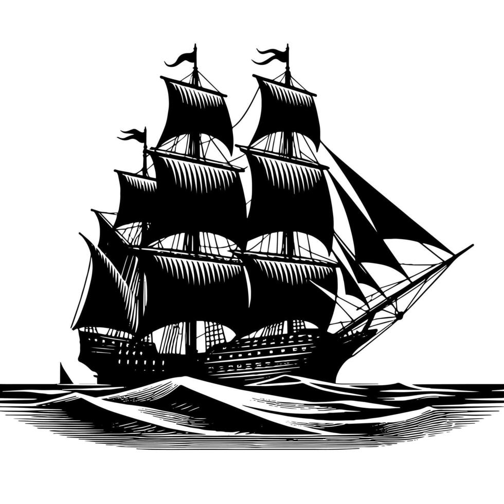 schwarz und Weiß Illustration von ein traditionell alt Segeln Schiff vektor