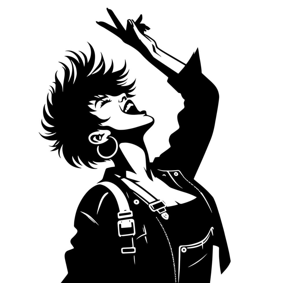 schwarz und Weiß Illustration von ein Punk Frau ist Tanzen und zittern im ein erfolgreich Pose vektor