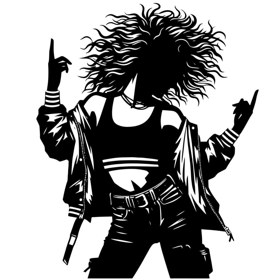 schwarz und Weiß Illustration von ein Punk Frau ist Tanzen und zittern im ein erfolgreich Pose vektor