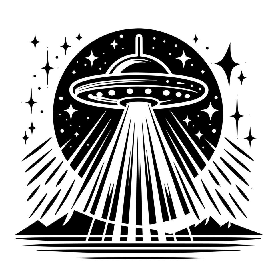 schwarz und Weiß Illustration von ein UFO fliegend Untertasse vektor