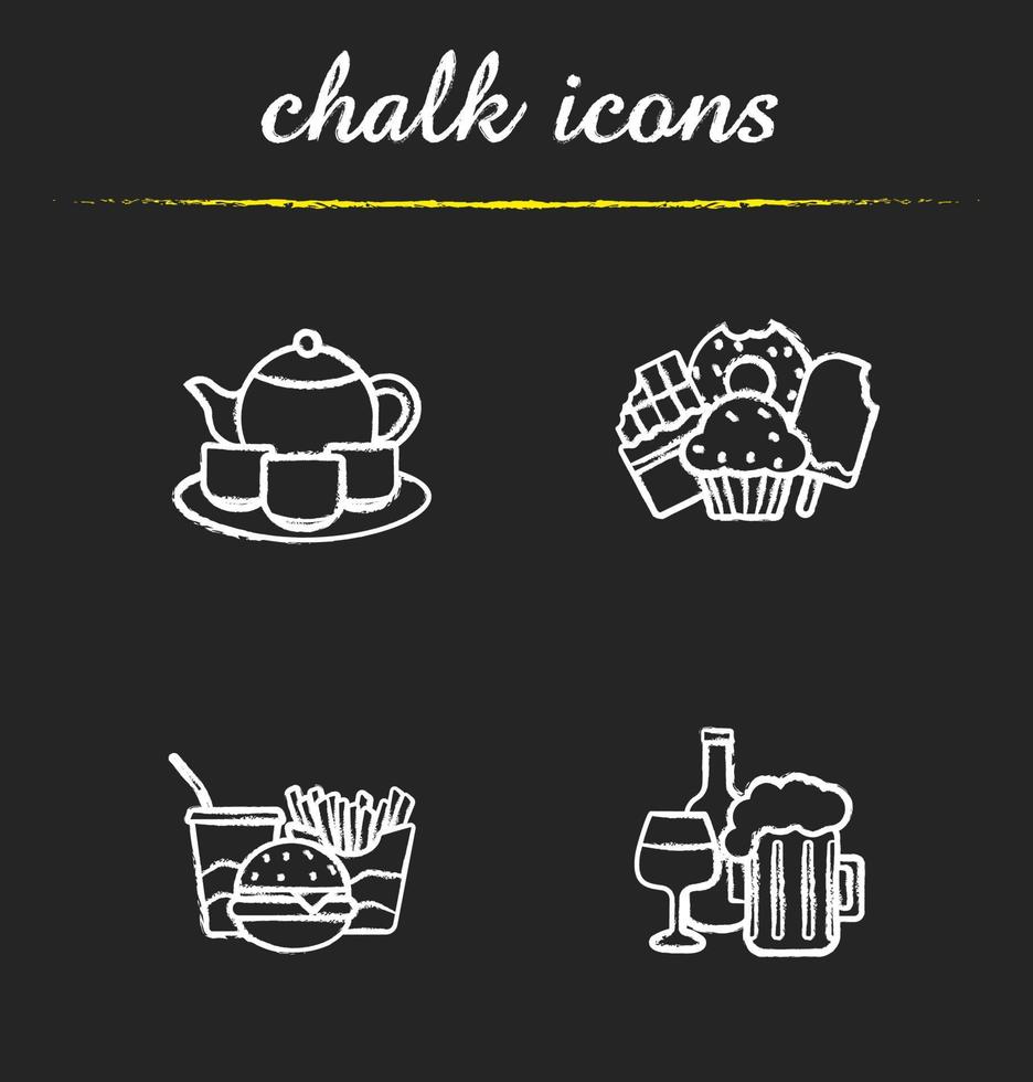 Kreidesymbole für Speisen und Getränke gesetzt. Illustrationen zu Tee, Süßwaren, Fastfood und alkoholischen Getränken. isolierte Vektortafelzeichnungen vektor