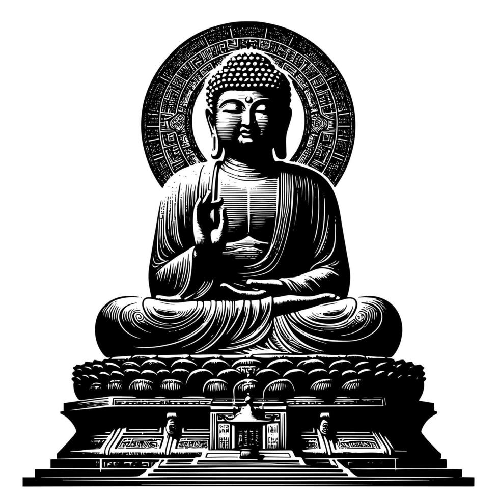 svart och vit illustration av en buddha staty symbol vektor