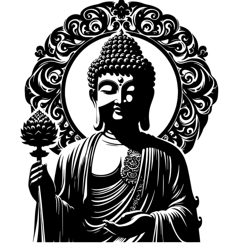 svart och vit illustration av en buddha staty symbol vektor