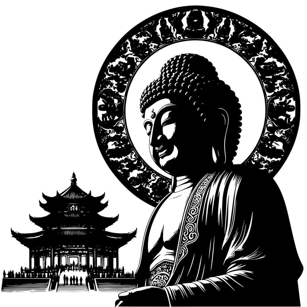 svart och vit illustration av en buddha staty symbol vektor