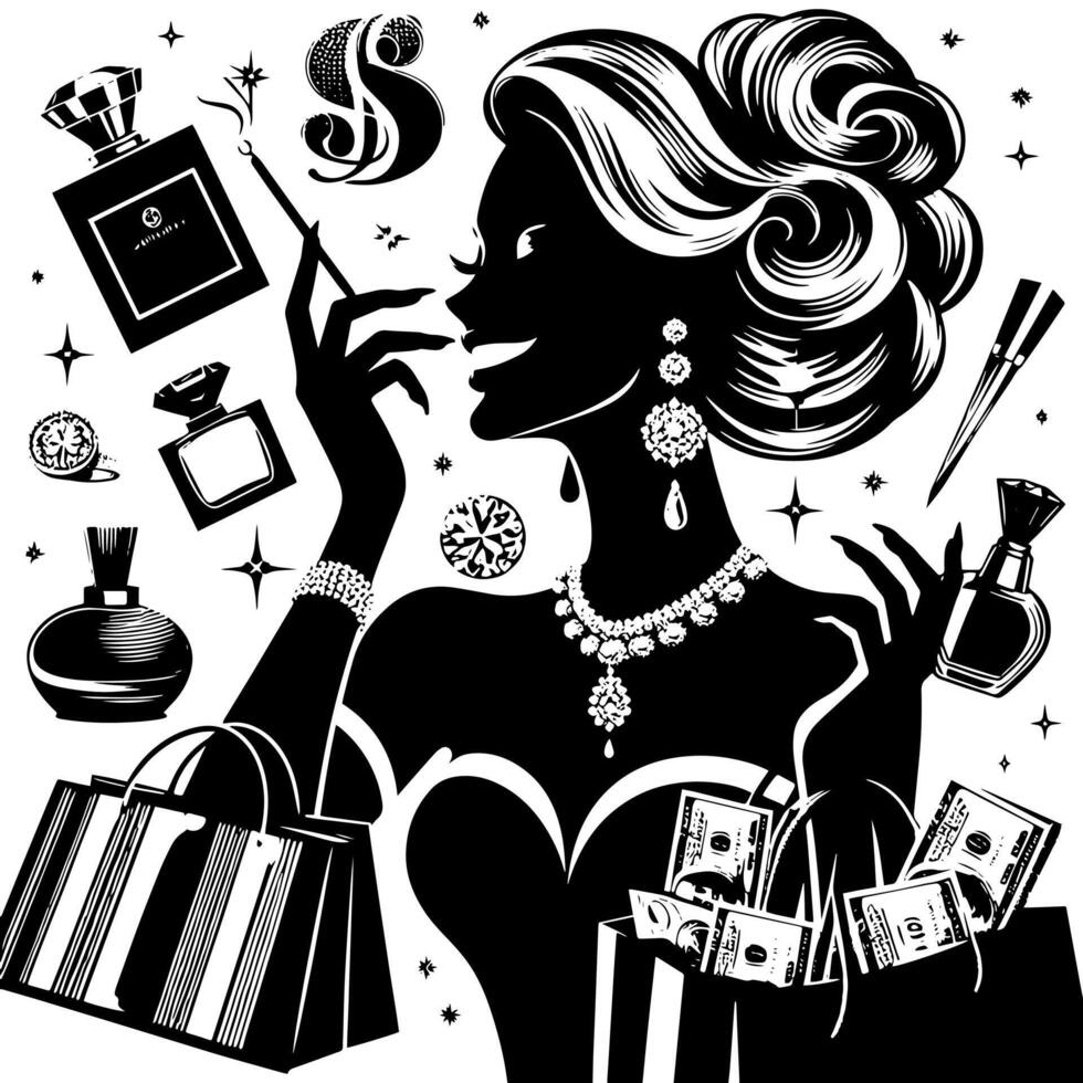 schwarz und Weiß Illustration von ein Glücklich luxuriös Einkaufen Dame mit Taschen und Diamanten und Parfum vektor