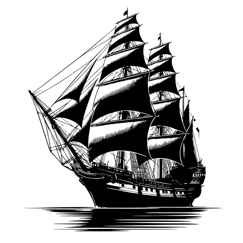 schwarz und Weiß Illustration von ein traditionell alt Segeln Schiff vektor