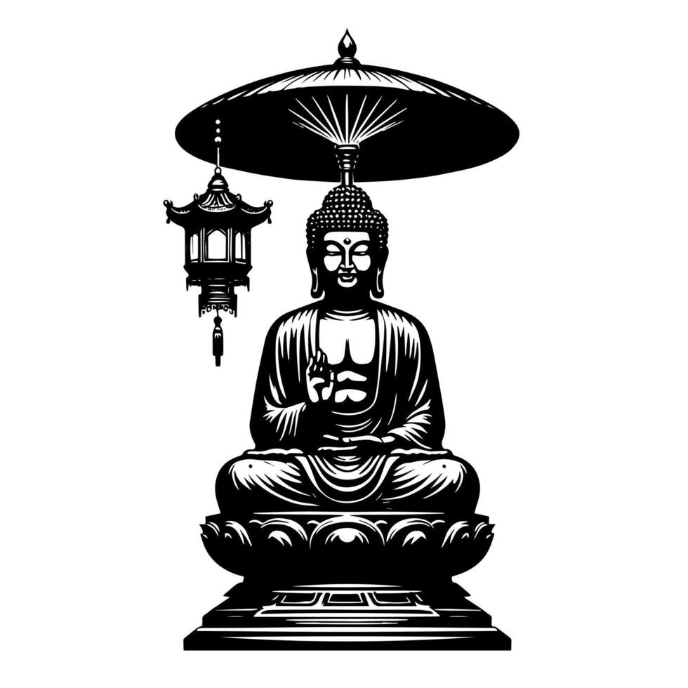 svart och vit illustration av en buddha staty symbol vektor