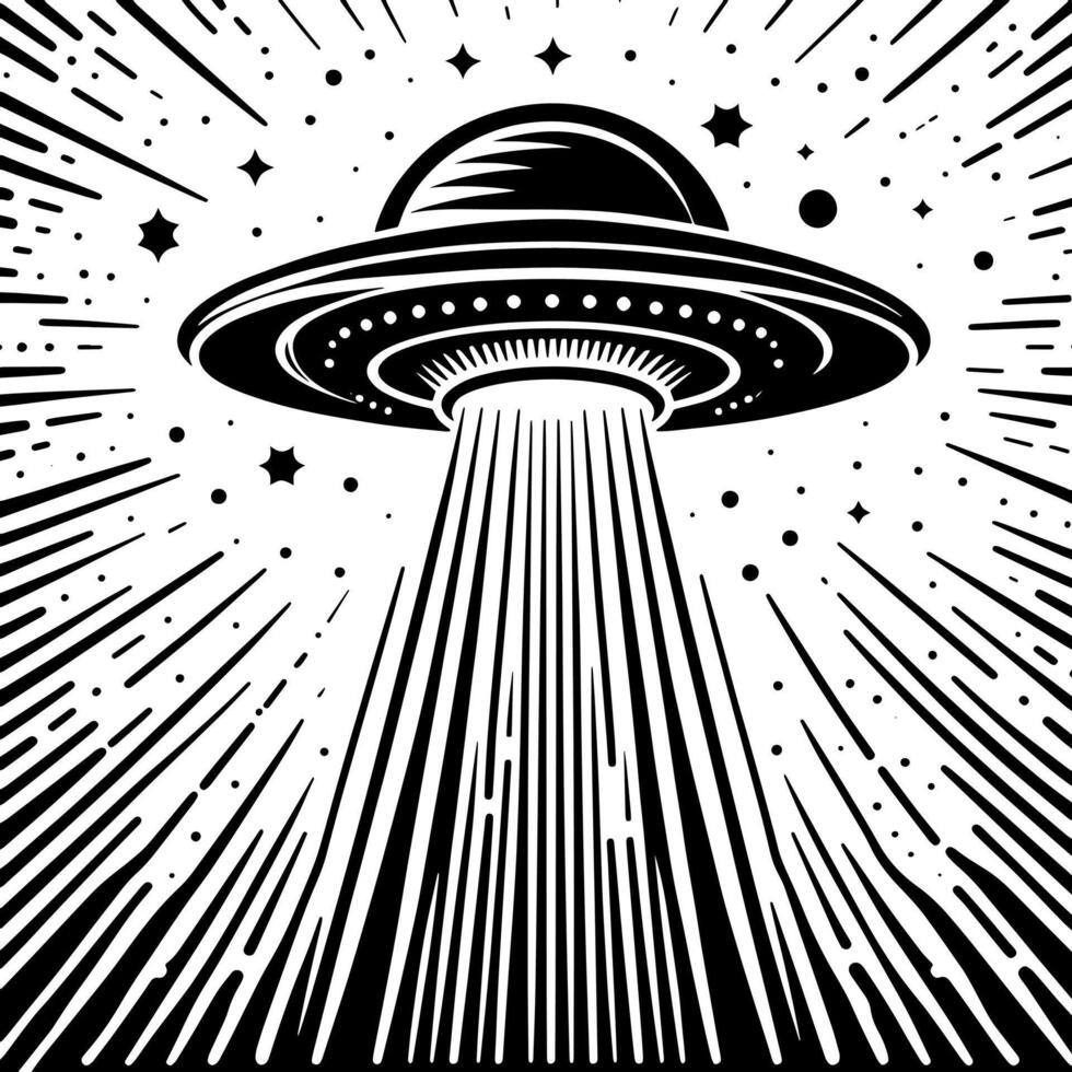 schwarz und Weiß Illustration von ein UFO fliegend Untertasse vektor