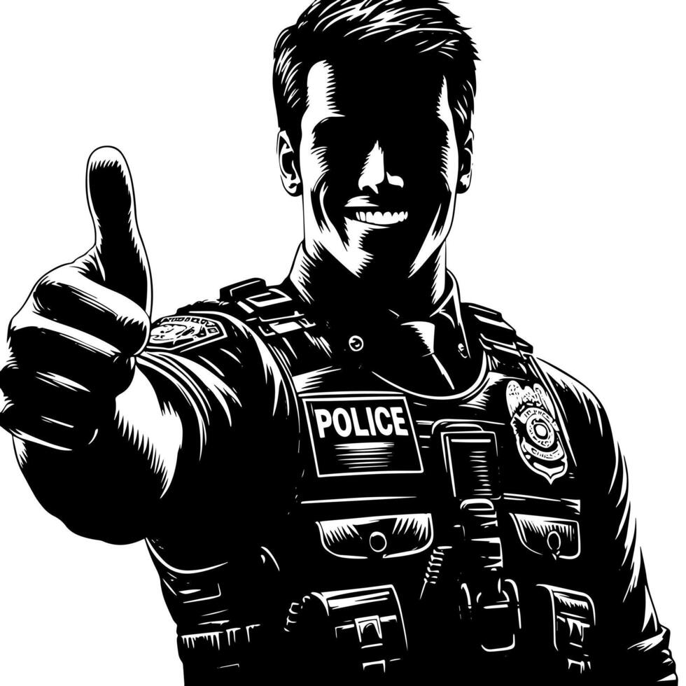 schwarz und Weiß Illustration von ein Polizei Offizier Wer ist zeigen das Daumen oben Zeichen vektor