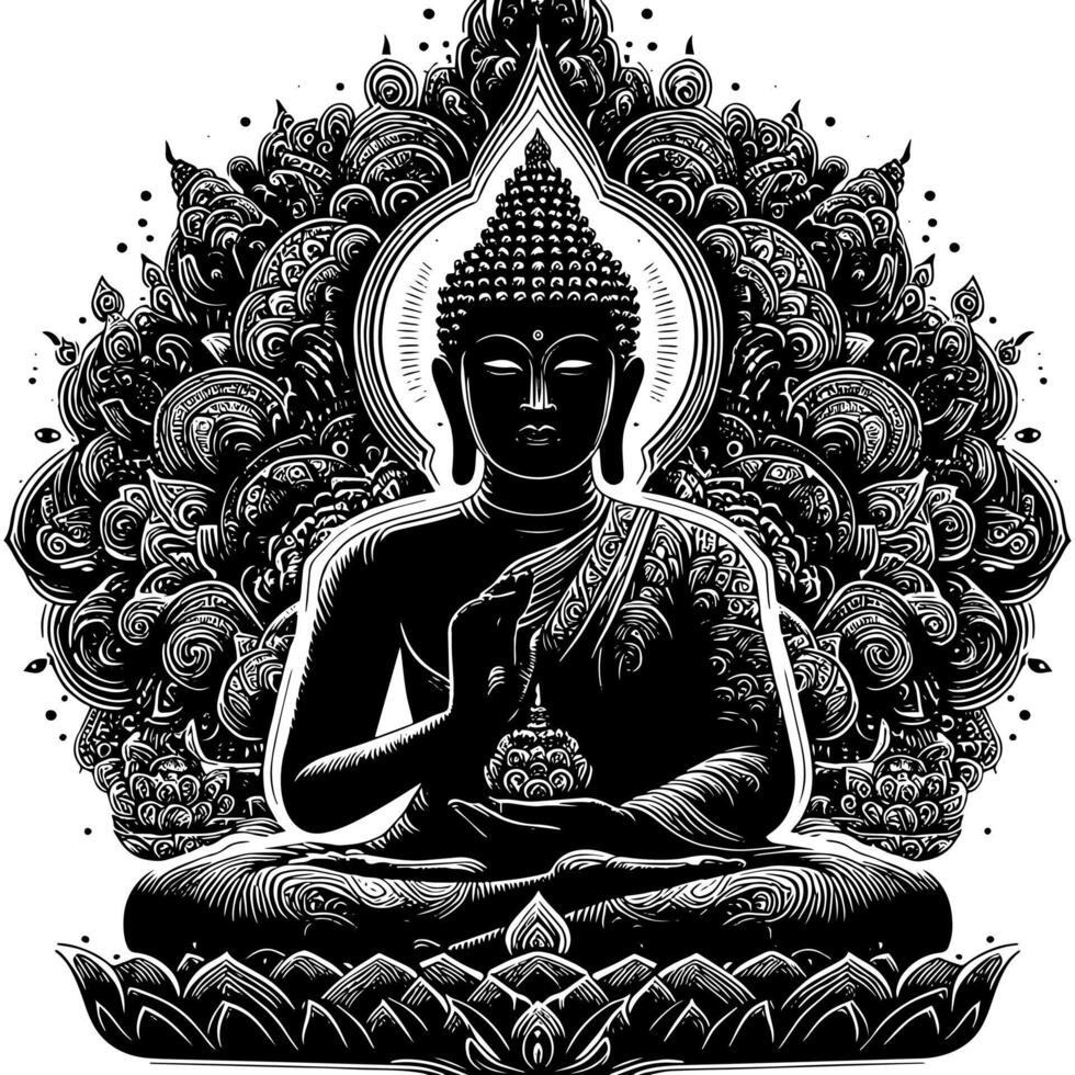 svart och vit illustration av en buddha staty symbol vektor