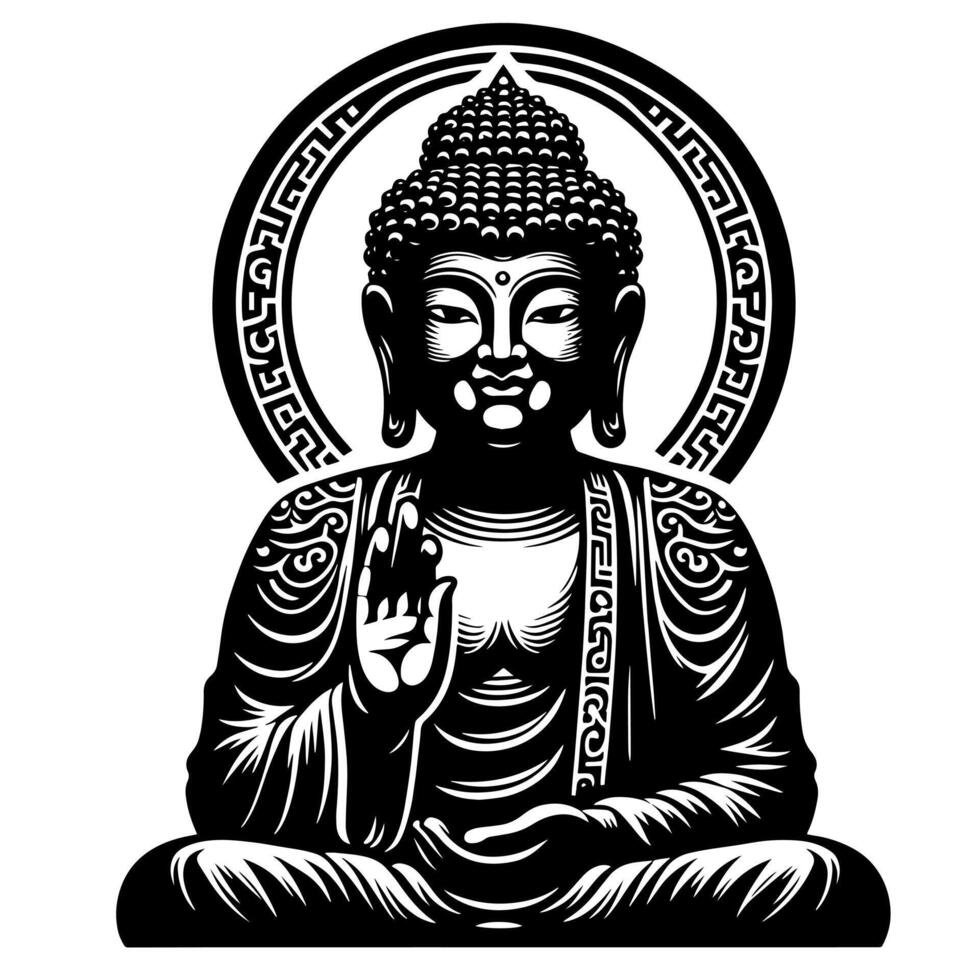 svart och vit illustration av en buddha staty symbol vektor