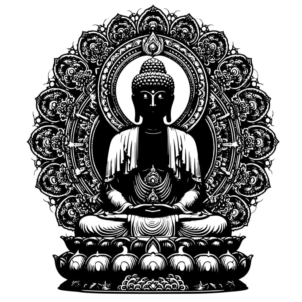 svart och vit illustration av en buddha staty symbol vektor