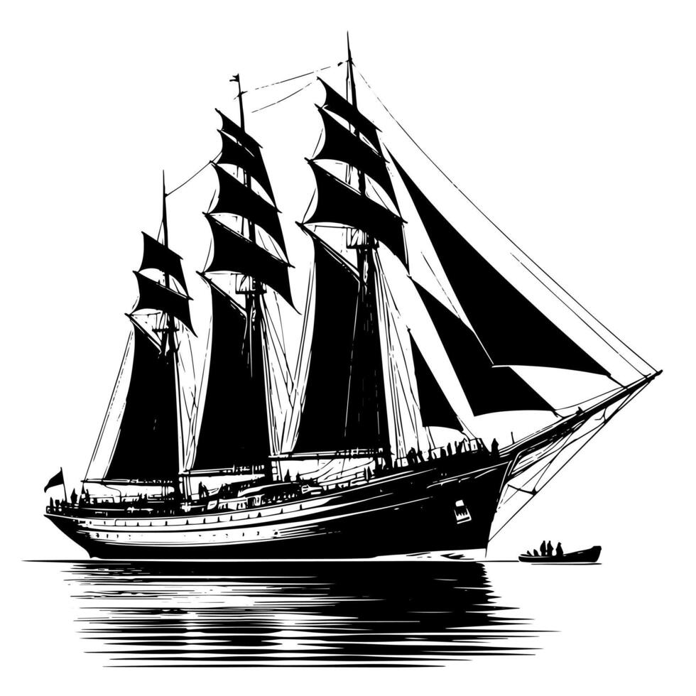 svart och vit illustration av en traditionell gammal segling fartyg vektor